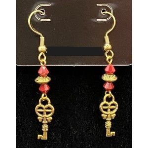 Steampunk Key with Red Crystal Bead Earrings by Neanie-Bot